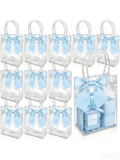 10pcs Reusable Clear Plastic Gift Bags With Handles, PP Material With Bow Decor, Suitable For Wedding, Bridal Shower, Birthday Party, Baby Shower, Gender Reveal Party, Small Business