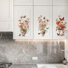 1pc Fresh Flower & Butterfly Cabinet Sticker, French Style Self-Adhesive, Suitable For Kitchen Cabinet, Wall Decor - Multicolor - View 2