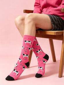 1 Pair Red Cow Print Funny Cute Mid-Calf Socks, Suitable For All Seasons - Rose Red - View 6