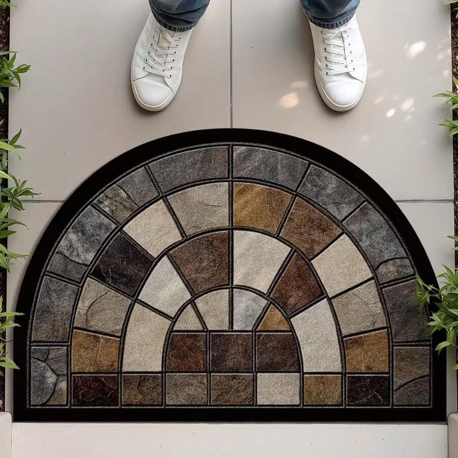 1pc Semicircular Doormat With Stone Brick Pattern, Doormat, Small Rug, Welcome Mat, Carpet, Floor Mat, Outdoor Doormat, Kitchen Rug, Home Decor, Front Door Mat, Area Small Rug, Outdoor Mat, Home Decor, Area Rug, Garden Rug, Washable Carpet - Multicolor - View 1