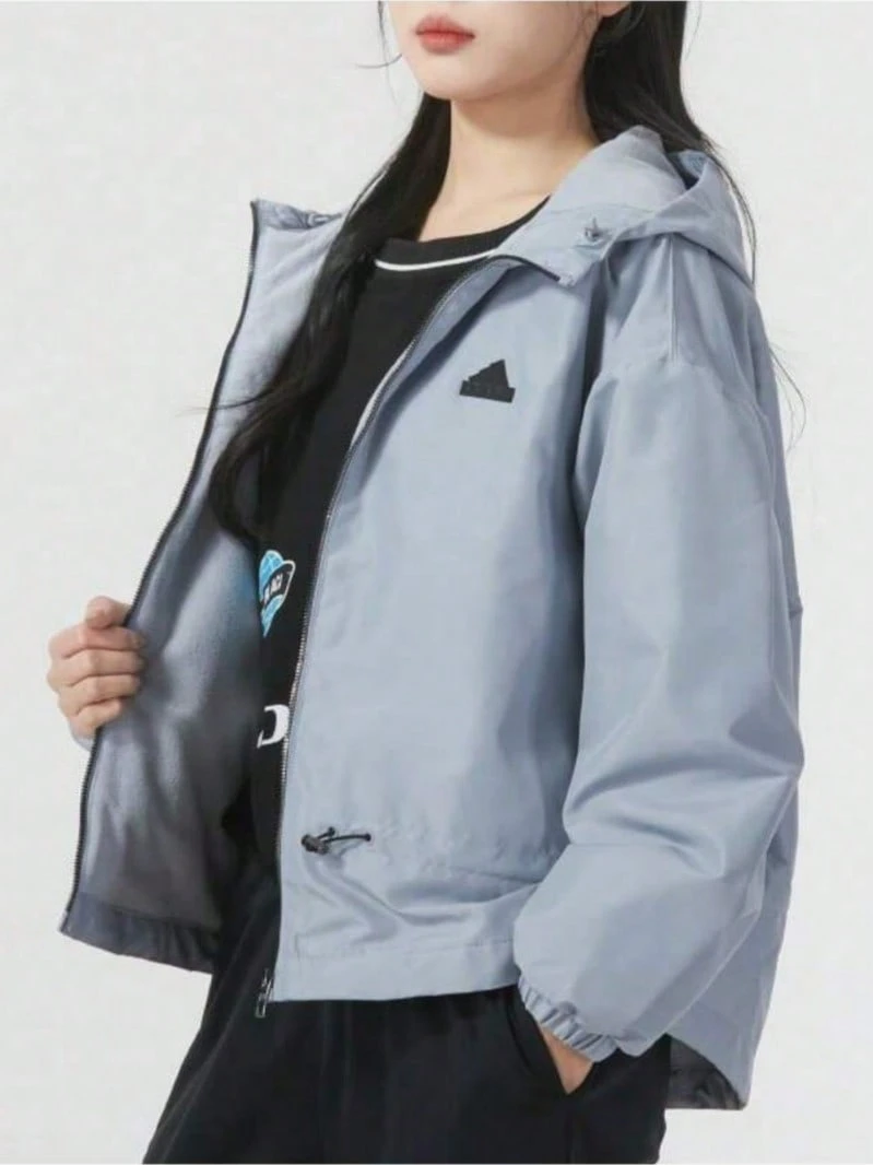 Adidas 女士保暖连帽夹克，防风户外运动休闲外套 - 藍色 - 查看 1