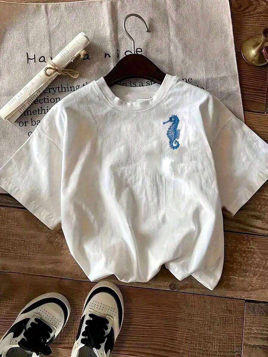 Women's Short Sleeve T-Shirt With Round Neck And Starfish And Letter Print, Casual Summer Wear - Pure-Cotton - 白色1 - 查看 1