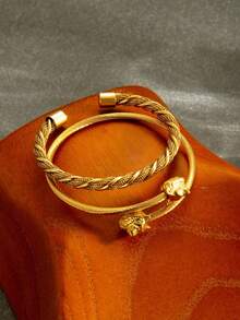 1PC Vintage Gold Plated Twisted Cable Cuff Bangle, Adjustable Stainless Steel Fox Head Open Bangle Bracelet For Women Men, Fashion Jewelry Gift - Szgss040/044 - View 13