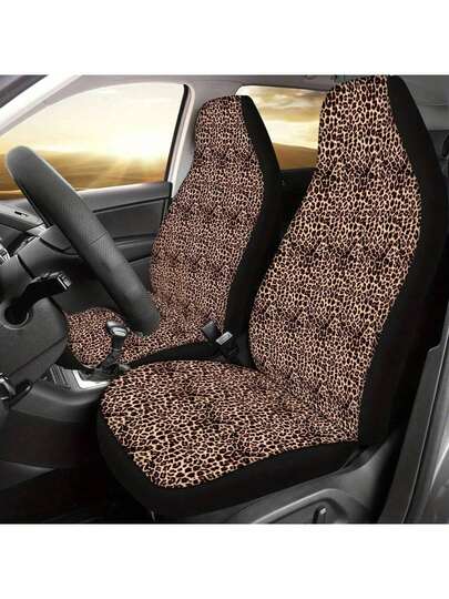 2-3件套豹纹汽车座椅套，猎豹图案汽车内饰装饰靠垫套，汽车配件，全套5件：2个前排座椅套、1个靠背套、1个后排座椅套和3个头枕套，适用于轿车、SUV和面包车，防尘防水，夏季理想之选，女士可爱设计