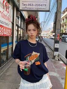 日系女式宽松街头风圆领柿子印花短袖T恤，夏季 - 藏蓝色 - 查看 4