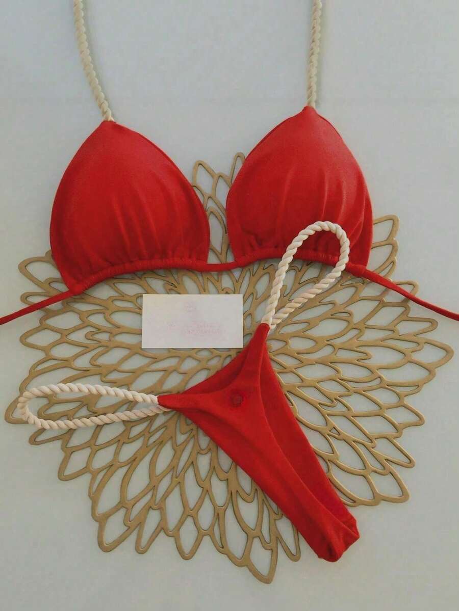 Bộ đồ bơi bikini buộc dây phong cách Bohemian họa tiết hình học và hoa nhiệt đới, dễ thương thanh lịch gợi cảm, casual cho nữ, đi biển nghỉ mát mùa hè - Đỏ - Xem 1