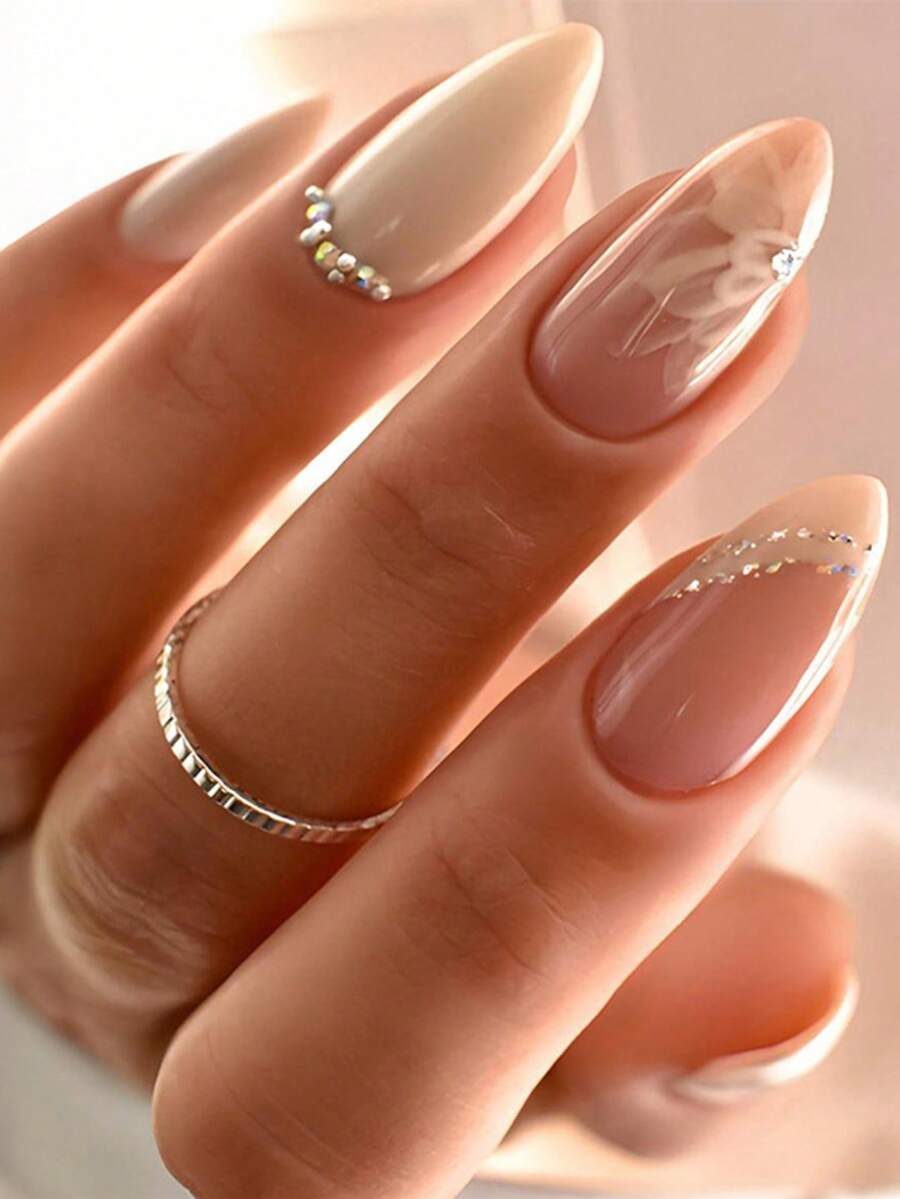24pcs Medium Almond-Shaped French Nail Stickers, Elegant Floral Glitter & Rhinestone Design Full Coverage False Nails, Suitable For Women & Girls Daily Wear - Multicolor - View 1