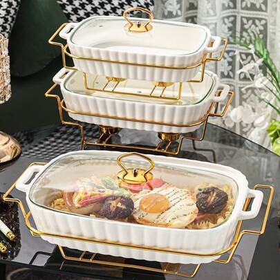 3pcs (1 Pot, 1 Lid, 1 Iron Rack) Ceramic Dish Cookware Set, Suitable For Cooking Stockpots, Saucepans, Tableware, Kitchen, Dining Room, Living Room, Bread, Turkey, Cheese, Pizza, Outdoor, Wedding, Party, Gift, Birthday
