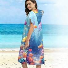 1pc Soft Hooded Beach Towel With Jellyfish Print, Wearable Beach Robe, Oversized Cute Anime Pool Towel, Super Absorbent Microfiber Beach Blanket, Birthday Gift - Style1 - View 6