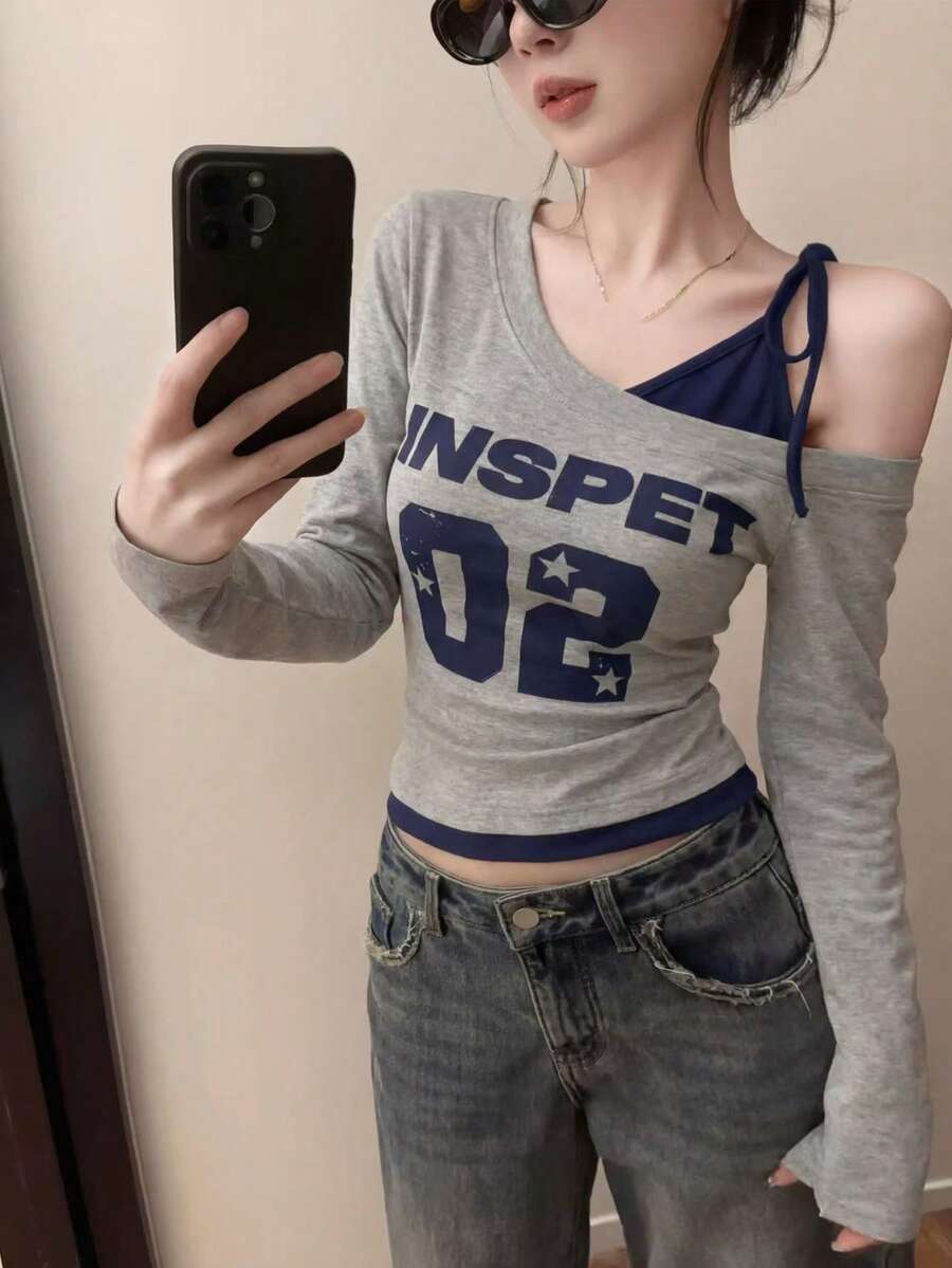 Asymmetric Contrast Color Block Long Sleeve T-Shirt, Sweet & Sexy Girl Print Fitted Tee For Women, Spring/Summer - Grey - View 1