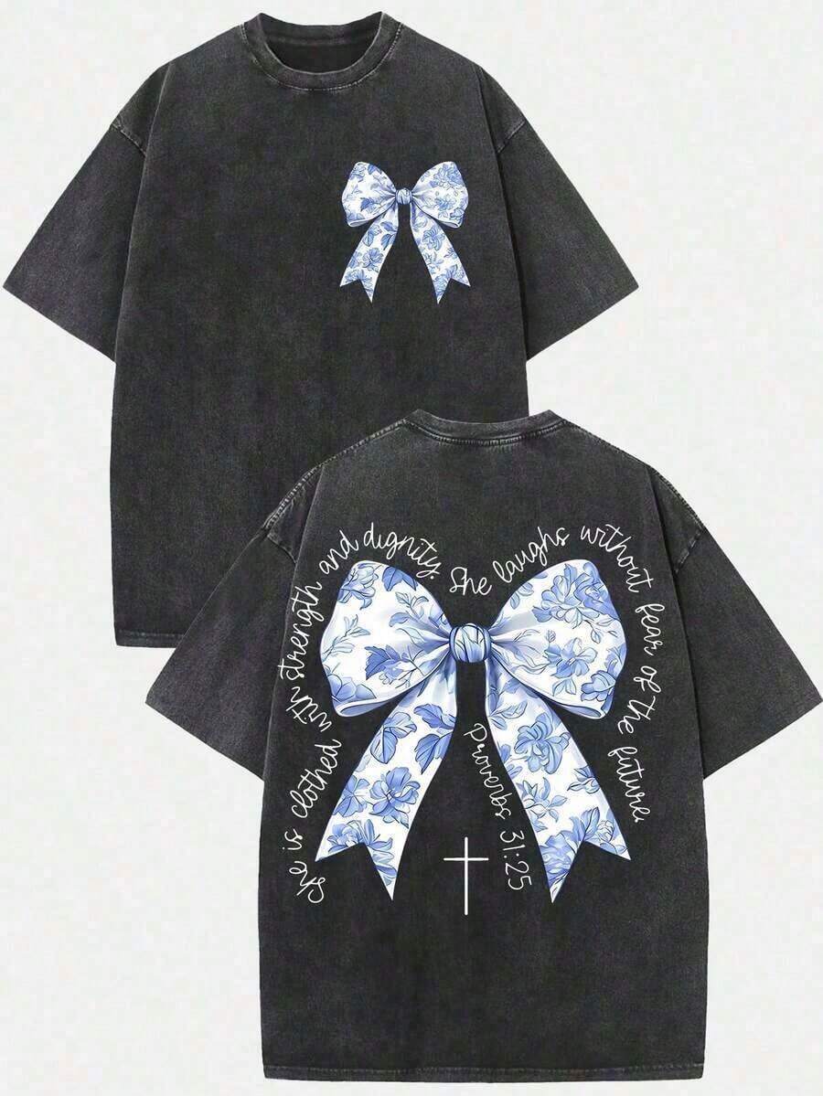Summer Clothes 2026 (230g T-Shirt) Men's Plus Size Washed Cotton Christian T-Shirt With Floral Print "Faith Over Fear", Soft Casual Short Sleeve, Breathable Retro Streetwear And Gift. Loose And Comfortable Summer T-Shirts (Retro Style, Heavyweight, Unisex). - 黑色 - 查看 1