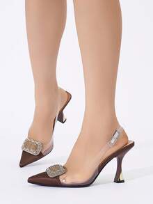 Sepatu hak tinggi stiletto ujung runcing wanita dengan hiasan gesper logam berlian imitasi, modis dan elegan untuk perjamuan, pesta, kegiatan luar ruangan, kencan, hadiah ulang tahun, gaun, paduan serbaguna, musim semi/panas/gugur/dingin, hak tinggi PVC cokelat kopi. - Coffee Brown - View 5