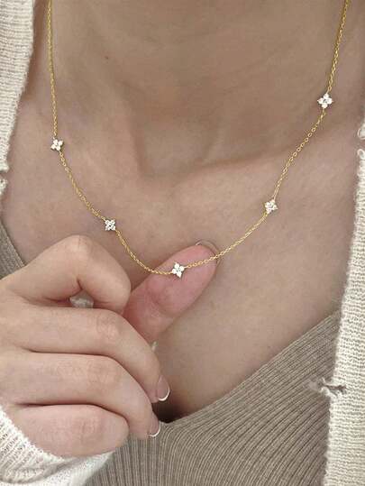 GAGAFEEL 1pc Simple S925 Sterling Silver Flower Full Sky Star Zirconia Necklace Collarbone Chain Gift For Women Daily Wear
