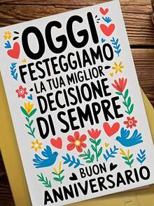 1pc, Colorful Italian Anniversary Card "Buon Anniversario". Includes Envelope, Smooth Matte Paper. Cheerful Floral & Bird Motifs. Perfect For Italian Speaking Couples – The Ideal Sweet Anniversary Card (12cm/4.7in X 17cm/6.7in) - Brown Envelope - View 3