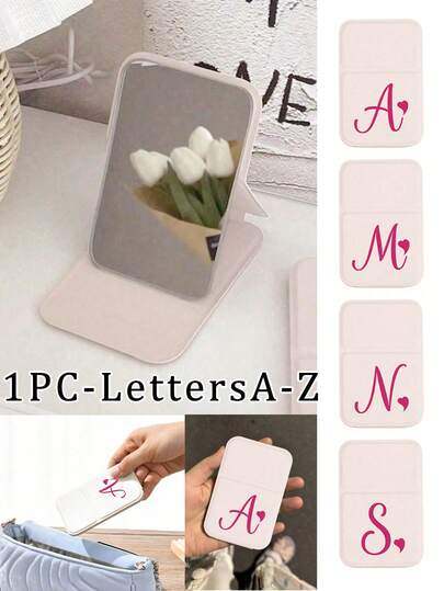 White Foldable Portable Makeup Mirror, Printed With Artistic Heart And Rose Red Letters, With A-Z Initial, Tabletop Vanity Mirror, Travel Mirror, Beauty Product, Desktop Makeup Mirror, Rectangular Tabletop Compact Makeup Mirror, Foldable Minimalist Makeup Mirror, Dorm Room Back To School Mirror, Back To School Gift, Portable Makeup Mirror Suitable For Women Gifts - Best Gift For Mothers And Teachers