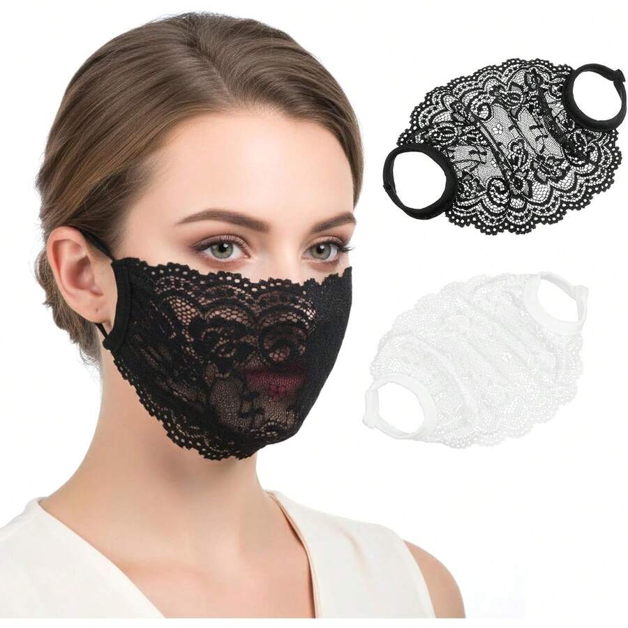 Grevosea 2 Pack Lace Face Masks, Breathable Mesh Half Face Cover Mesh Hollow Faces Shield Mask Protection For Women Pink Grey - 粉紅色+灰色 - 查看 1
