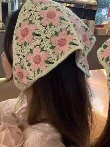 1条复古法式钩编花卉三角围巾，手工制作，甜美可爱，适合户外活动，如徒步旅行、露营，可防晒防风，也适合海滩度假等场合。 - 粉色 - 查看 3