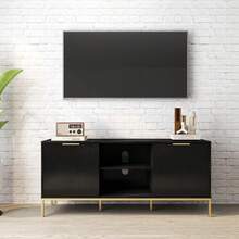 Modern TV Stand With Wave-Design Doors, Open Compartment And Adjustable Shelf, Stylish Functional Entertainment Center Storage Cabinet For Living Room Home Decor - Black+Gold - View 5
