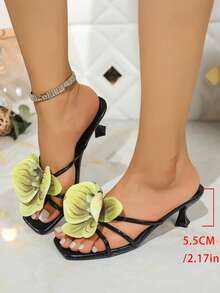 黑色花卉图案透气露趾高跟凉鞋，简约细跟休闲女凉鞋 - 黑色 - 查看 4