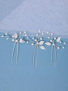 3 Pcs/Set Elegant Handmade Bridal Wedding Alloy Leaf Pearl Hairpin,Summer,Beach - Silver - View 3