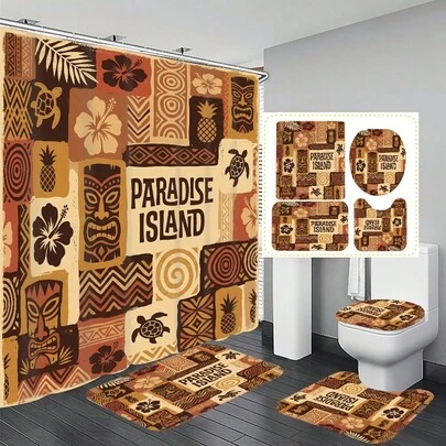 1pc/4pcs Vintage Patchwork Hawaiian Traditional Totem Pattern Multifunctional Bathroom Decor Shower Curtain Set, Free 12 Hooks Included, Elegant Holiday Atmosphere, Bathroom Mat, U-Shaped Toilet Mat And Round Toilet Mat, Suitable For All Scenarios Bathroom Set