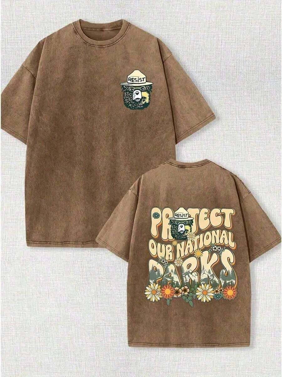 Summer Tops1pcs230g Washed, Defend Our National Park Printed T-Shirt With Little Bear, High-Quality Wax Printed Cotton Retro Fashion Brand T-Shirt, Beach Essential, Summer T-Shirt, Holiday Gift, Perfect Gift180gLoose And Comfortablesummer Clothes - 棕色 - 查看 1
