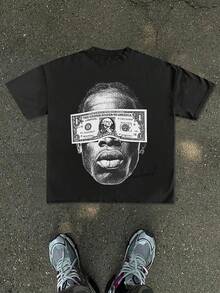 2026 New  Men's And Women's T-ShirtMen's Oversized Streetwear T-Shirt With Dollar Bill & Portrait Print - White Loose Fit Round Neck Tee Suitable For Casual Summer Wear, Dollar Sign Currency, Machine Washable Comfortable Fabric For Daily Outfits And Layering - 白色 - 查看 1