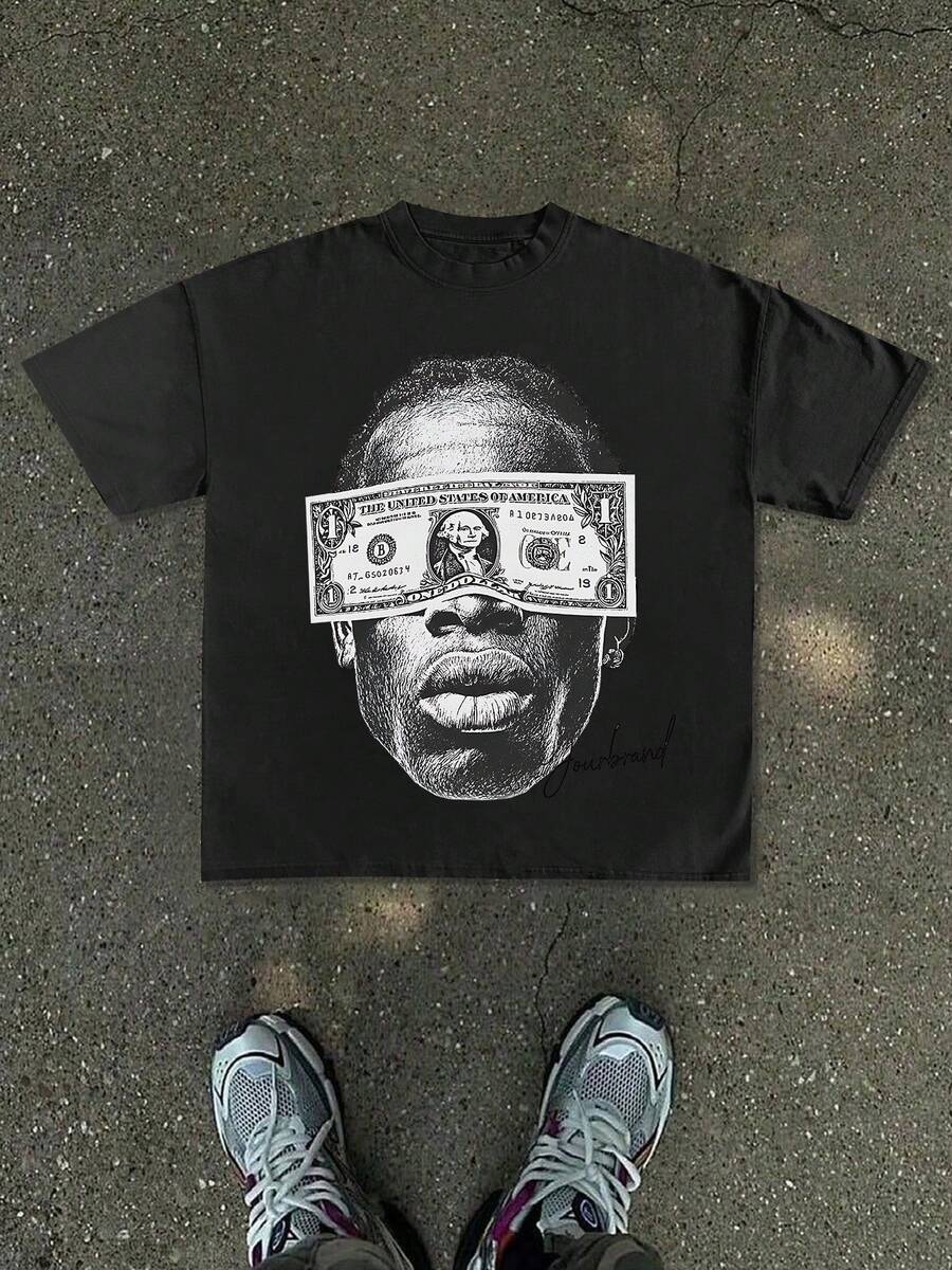 2026 New  Men's And Women's T-ShirtMen's Oversized Streetwear T-Shirt With Dollar Bill & Portrait Print - White Loose Fit Round Neck Tee Suitable For Casual Summer Wear, Dollar Sign Currency, Machine Washable Comfortable Fabric For Daily Outfits And Layering - 白色 - 查看 1