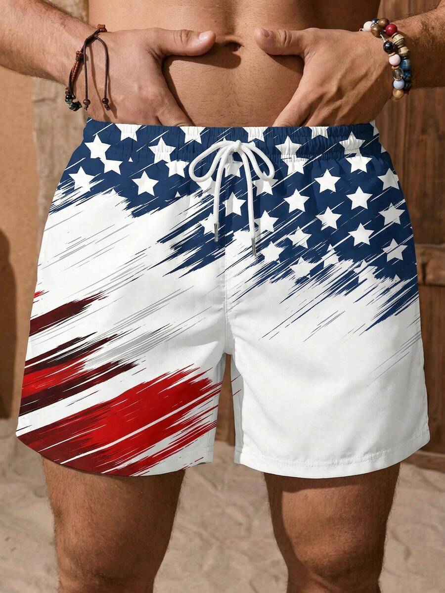 1pc Men's Summer US Flag Printed Drawstring Waist Casual Beach Shorts - Multicolor - View 1