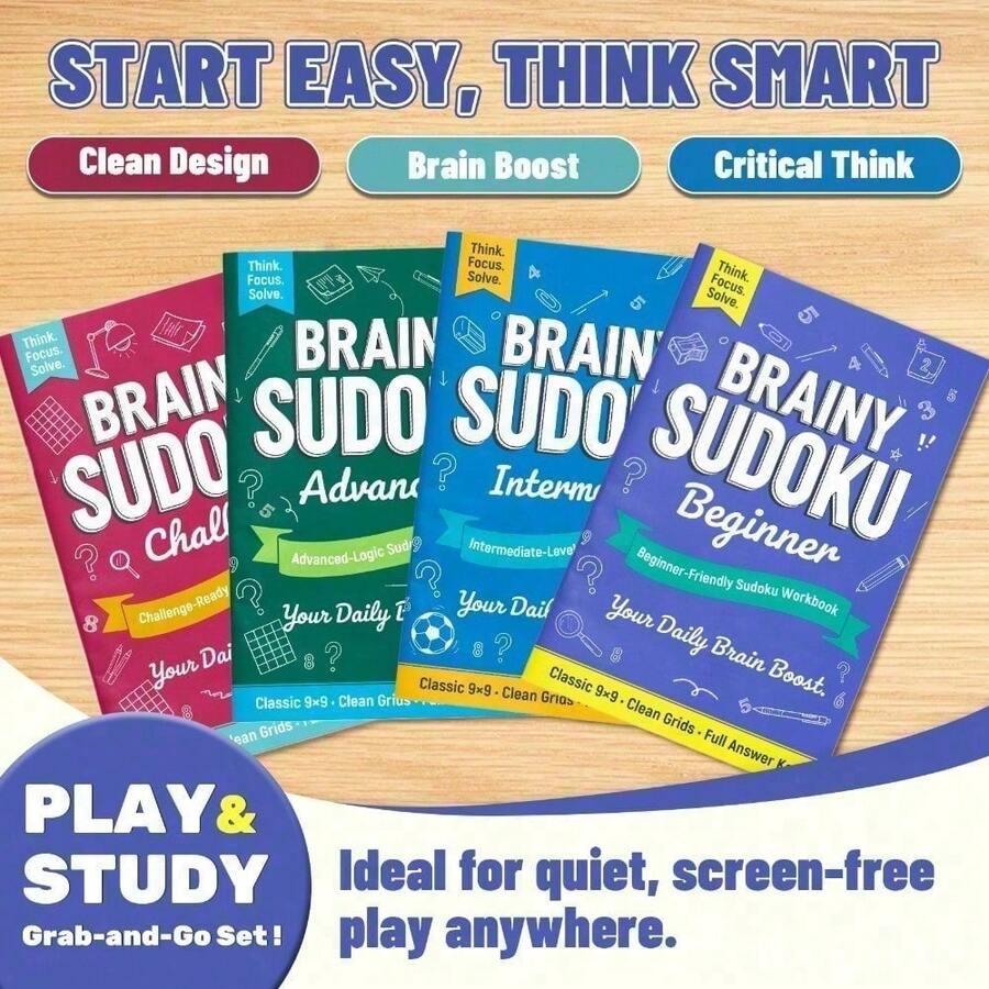 Bộ sách Sudoku trí tuệ dành cho trẻ em: Các tùy chọn độ khó từ cơ bản, trung cấp, nâng cao đến thử thách, câu đố số 9x9 kèm lời giải, giúp rèn luyện khả năng tập trung, tư duy phản biện và chơi yên tĩnh. - Siêu Sudoku - Xem 1