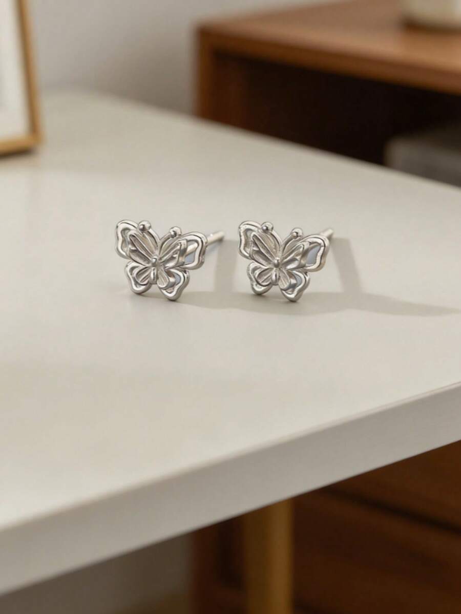 1 Đôi bông tai hình bướm rỗng bằng bạc Sterling S925, thiết kế độc đáo, nhẹ nhàng, phù hợp cho cả đi làm và đi làm, dành cho nữ. - Loại bướm - Xem 1