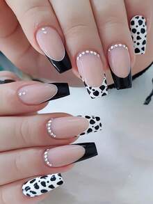24pcs European And American Minimalist Black & White Cow Print Short Square False Nails, Decorated With Various Rhinestones, Suitable For Spring & Summer Wear, Suitable For Daily Life, Work, Comes With Gel And Nail File, Manicure Supplies - Black and White - View 2