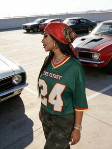 Y2K 修身女式上衣，2026 春季新款数字字母印花 V 领短袖宽松休闲通勤街头风 - 綠色 - 查看 4