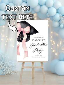 Personalized Party Welcome Sign, Photo Birthday Poster/Welcome Sign, Pink Bow & Graduation Cap Theme, Suitable For Outdoor Garden Entrance Decoration, Also For Birthday Party Or Wedding, Graduation - Multicolor - View 1