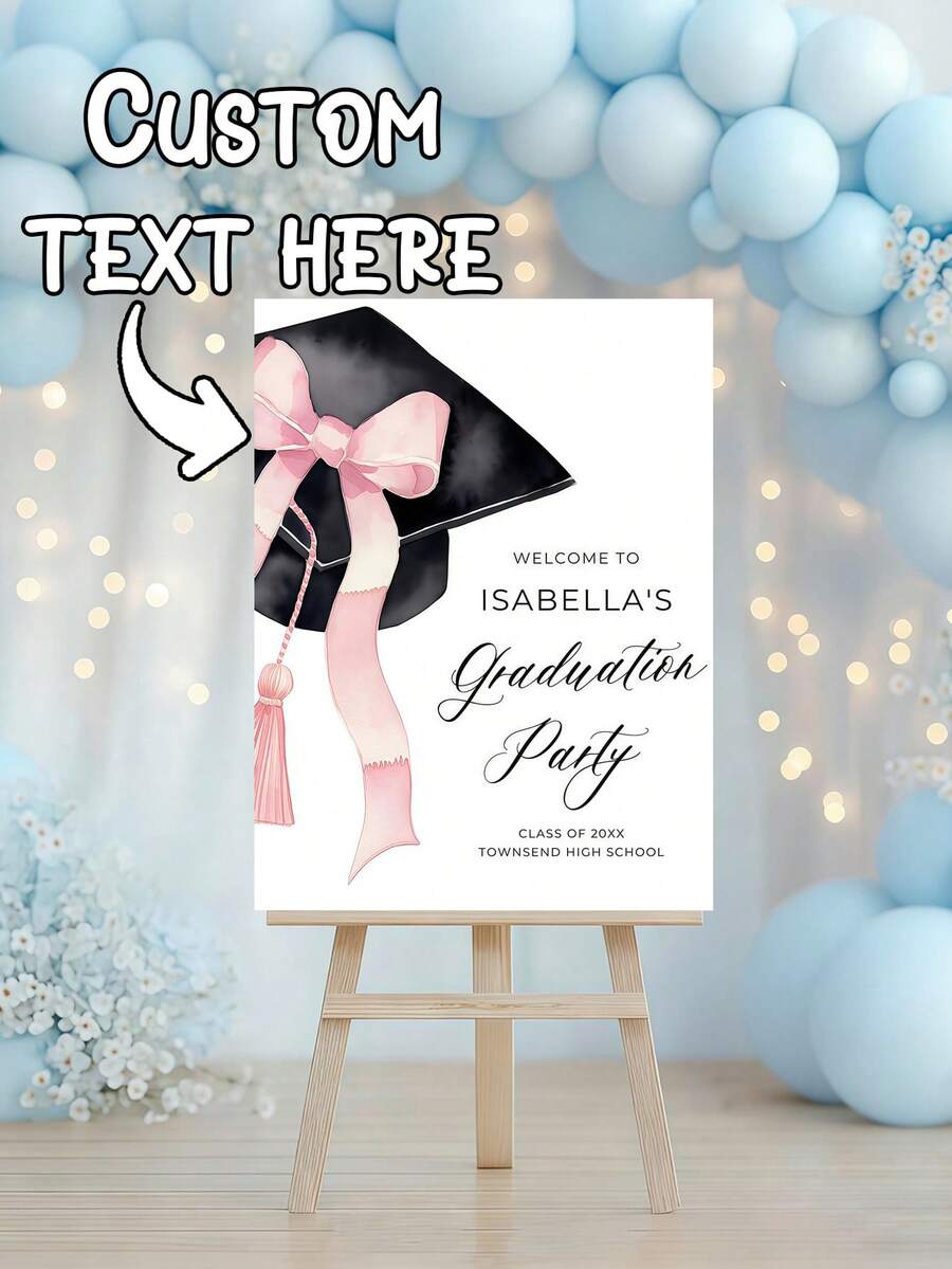 Personalized Party Welcome Sign, Photo Birthday Poster/Welcome Sign, Pink Bow & Graduation Cap Theme, Suitable For Outdoor Garden Entrance Decoration, Also For Birthday Party Or Wedding, Graduation - Multicolor - View 1
