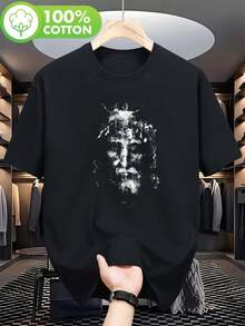 SHEINMen's Vintage Shroud Of Turin Holy Face Jesus T-Shirt - Iconic Religious Short Sleeve Round Neck Casual & Outdoor Wear Suitable For, Training, Everyday Use, Holy Grail Apparel For Pilgrimage Gift100CottonSummer Vacation - 黑色 - 查看 2