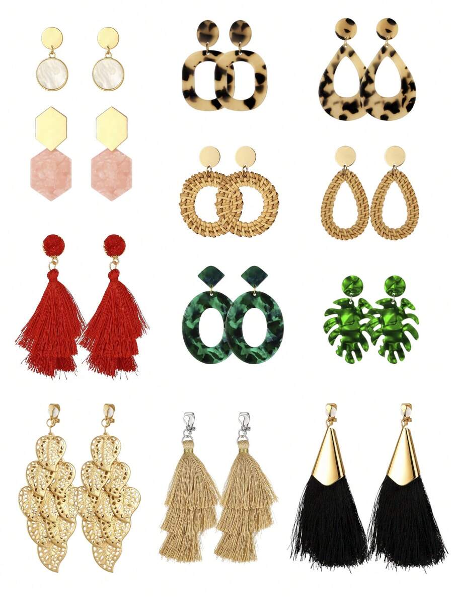 Yanxyad 1/12 pares de pendientes de clip con declaración bohemia para mujeres, grandes pendientes geométricos dorados, pendientes de hoja trenzada y retorcida, joyería de regalo - Multicolor - Ver 1
