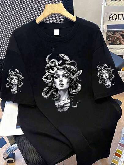 Áo thun nữ cỡ lớn họa tiết "Medusa" mùa hè, áo thun ngắn tay in họa tiết dáng rộng thời trang thường ngày.
