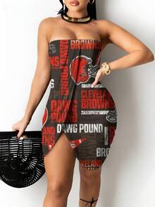 N-F-LWomen's Strapless Bodycon Dress, All-Over Print With A Sexy Design, Perfect For Parties And Everyday Wear Cleveland Browns Dawg Pound Hel-Met Logo Pattern Print - 彩色 - 查看 1