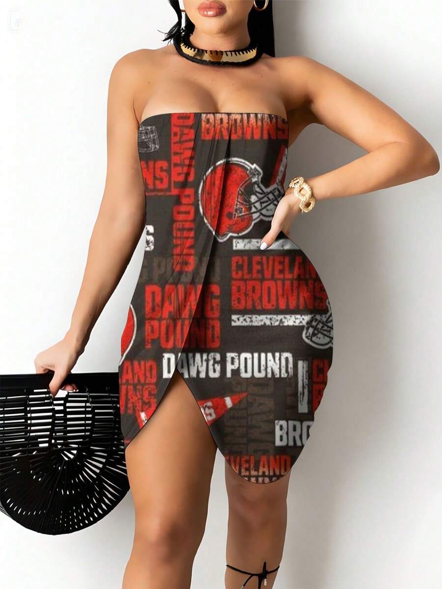 N-F-LWomen's Strapless Bodycon Dress, All-Over Print With A Sexy Design, Perfect For Parties And Everyday Wear Cleveland Browns Dawg Pound Hel-Met Logo Pattern Print - 彩色 - 查看 1