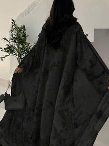 1pc Elegant Tie-Waist Casual Split Cuff Batik Print Abaya, Arabian Dubai Fashion Saudi Open Cardigan Robe Shawl, Suitable For Daily Wear And Gatherings Spring Black - Black - View 5