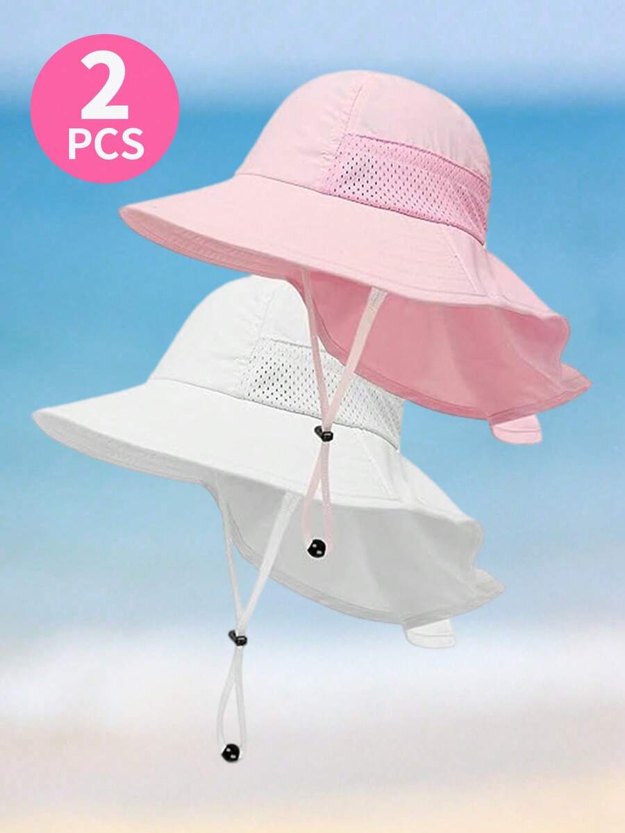 2 piezas Sombreros de ala ancha para niñas de 1 a 6 años, sombreros de protección solar con solapa para el cuello, sombreros de playa transpirables de secado rápido con correa ajustable para la barbilla, sombreros de cubo de verano ligeros para niños pequeños - 2 piezas - Ver 1