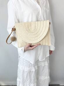 Bolso sobre de paja, diseño de solapa arqueada minimalista, bolso de hombro versátil y fresco, bolso pequeño tejido de playa con diseño de nicho, bolso bandolera/clutch con decoración de pompones - Beis - Ver 8