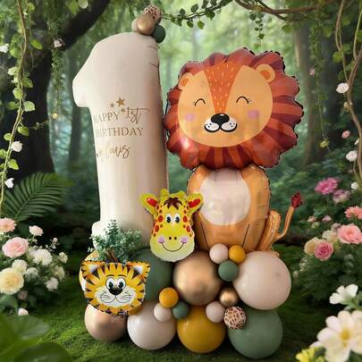 36 piezas Conjunto de globos de número de aluminio con tema de animales de la jungla, incluye globos de aluminio con números del 1 al 9 en color marfil, globos de aluminio con formas de león/jirafa/tigre, globos de látex de colores variados, hechos de aluminio y látex de alta calidad, estilo de dibujos animados lindo y terapéutico, adecuado para sorpresas de cumpleaños, fiestas de cumpleaños, fiestas temáticas, aniversarios