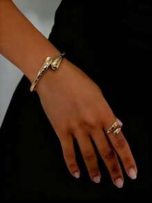 2pcs Set (Rhinestone Water Drop Bracelet And Rhinestone Water Drop Ring), Fashion Rhinestone Inlaid Open Symmetrical Double Water Drop Shaped Cross Bracelet 1pc And European And American Fashion Rhinestone Inlaid Geometric Water Drop Cross Vintage Gold Ring 1pc. Mother's Day Jewelry, Exquisite, Sweet And Elegant Style With Simple And Vintage Design - Gold - View 8