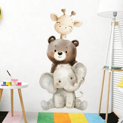 BRUP 1/2 Tờ Giấy Dán Tường Phòng Trẻ Em Hình Động Vật Xếp Chồng Màu Nước - Hươu cao cổ, Gấu, Voi, Trang Trí Phòng Trẻ Sơ Sinh, Phòng Chơi, Phòng Ngủ, Có Keo Tự Dính, Có Thể Tháo Rời, Tự Làm Tranh Dán Tường Nghệ Thuật.