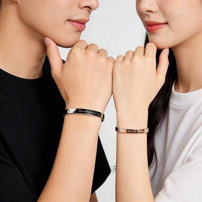 Couple Bracelets Set, Bicolor Zirconia Embedded Stainless Steel Luxury Bangle, Unisex Fashion Accessories, Gift For Boyfriend/Girlfriend