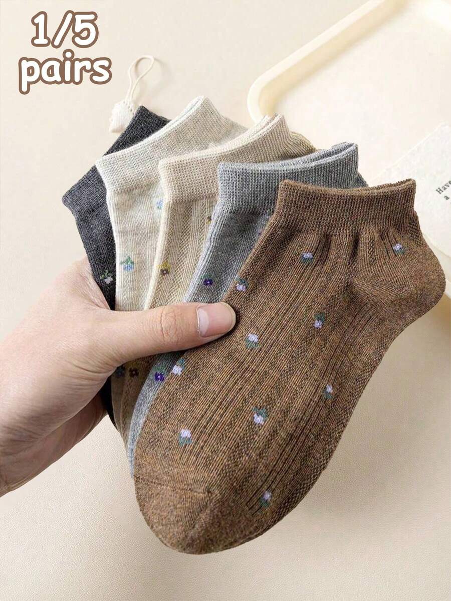 1/5 Pairs Women's Casual Floral Print Ribbed Breathable Short Socks, Comfortable Fabric, Fashionable, Suitable For Office, Daily Wear, Outdoor, Indoor, Minimalist & Interesting Socks, Great For Gifts, Photo Shoots - Multicolor - View 1