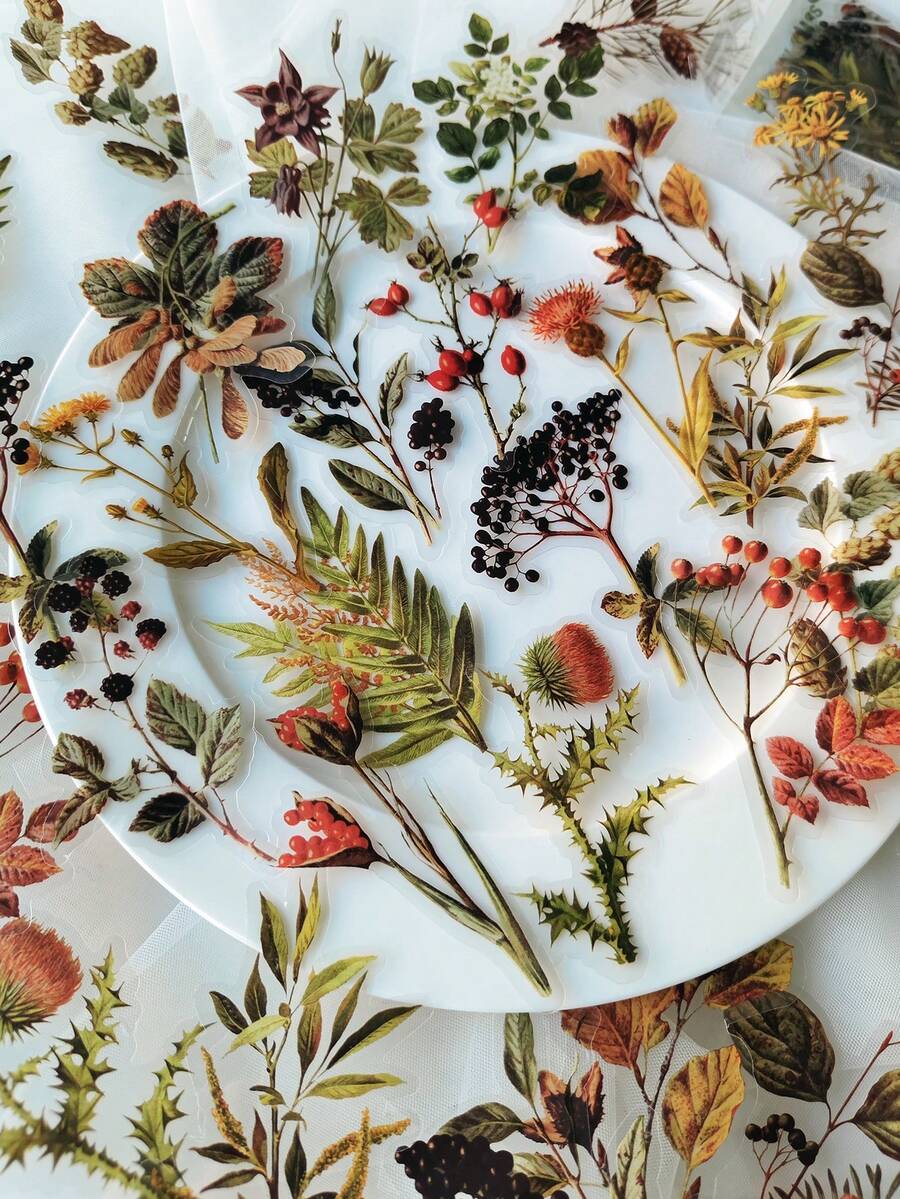 1 Pack Of 40 Pcs Vintage Forest Floral Plant Fruit PET Stickers, Retro DIY Decorative Collage Materials - DT1772 - View 1