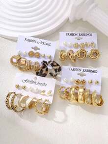 46/22pcs Vintage Elegant Luxurious Gold Metal Earring Set, Suitable For Daily Wear And Parties - Gold - View 4